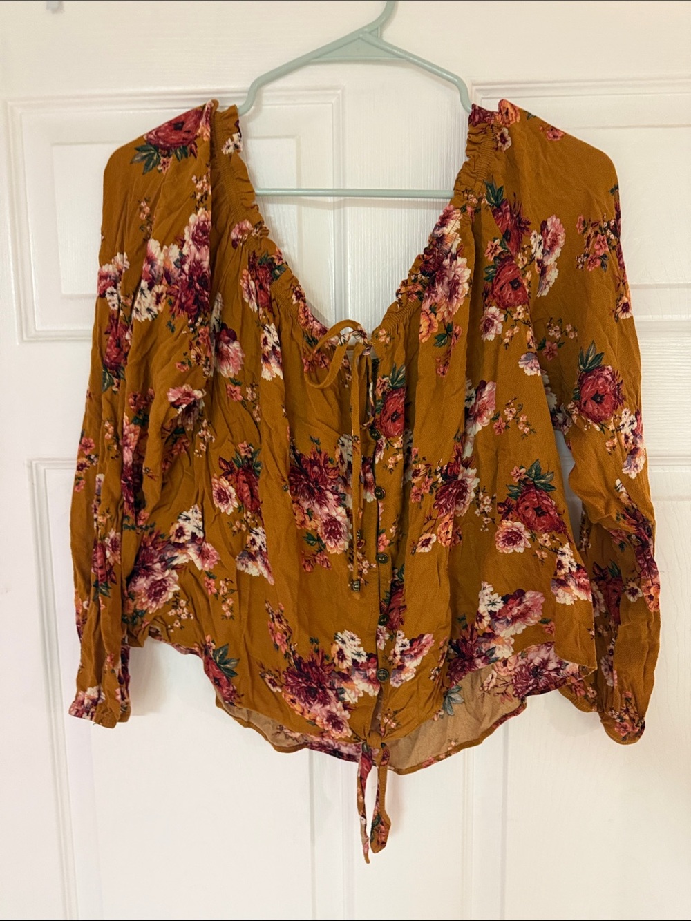 Rewind Mustard Floral Tie-Front Blouse